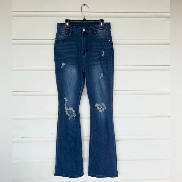 SHEIN Denim - NWOT Shein Womens Size 28 Dark Wash Distressed High Rise Bootcut/Flare Jeans